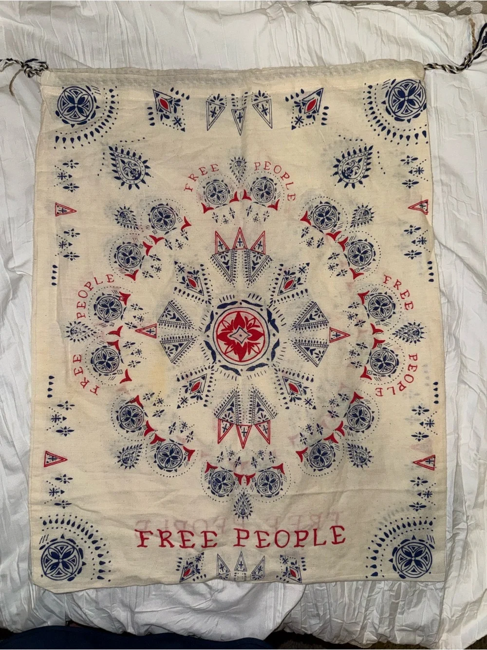 Free People Cream Wall Tapestry with Red & Navy Bandana Motif